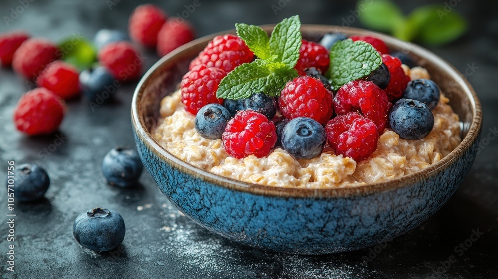 A bowl of oatmeal topped with fresh raspberries and blueberries. A bowl of oatmeal topped with fresh raspberries and blueberries.