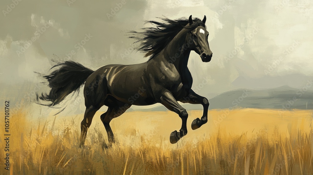 A majestic horse running freely in an expansive field representing strength and liberation A majestic horse running freely in an expansive field representing strength and liberation
