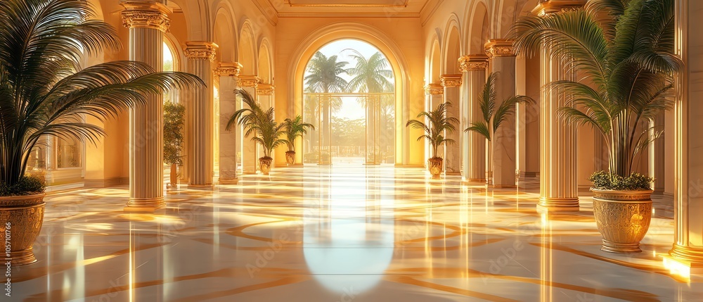 Obraz premium Sunlit palace corridor with palm trees, golden arches, polished marble floor reflecting light, tropical paradise