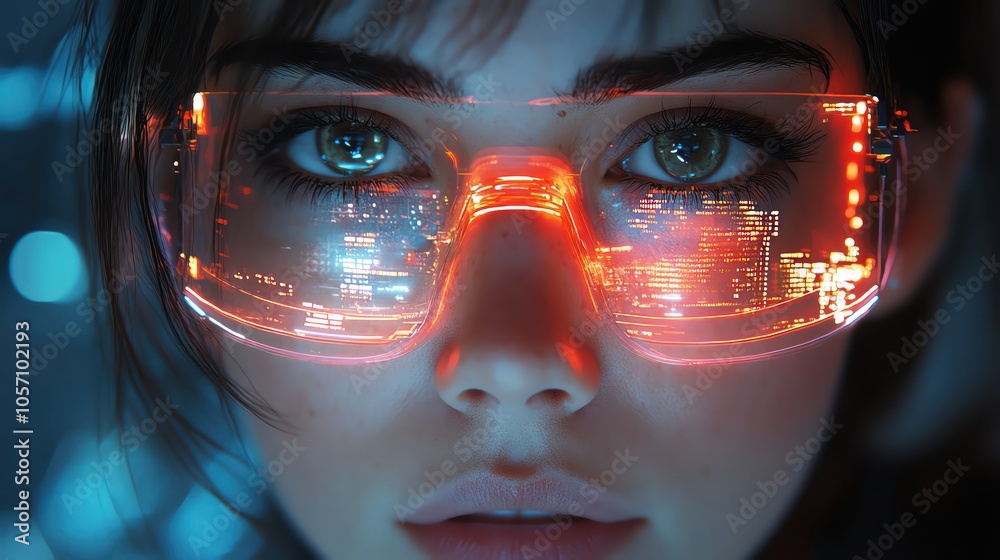 Woman in futuristic gear, glowing holographic interface displaying complex data Woman in futuristic gear, glowing holographic interface displaying complex data