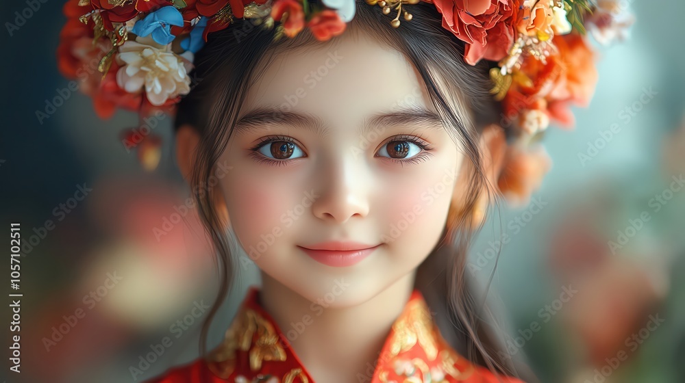 Young girl in a traditional red dress adorned with floral headpiece, smiling gracefully Young girl in a traditional red dress adorned with floral headpiece, smiling gracefully