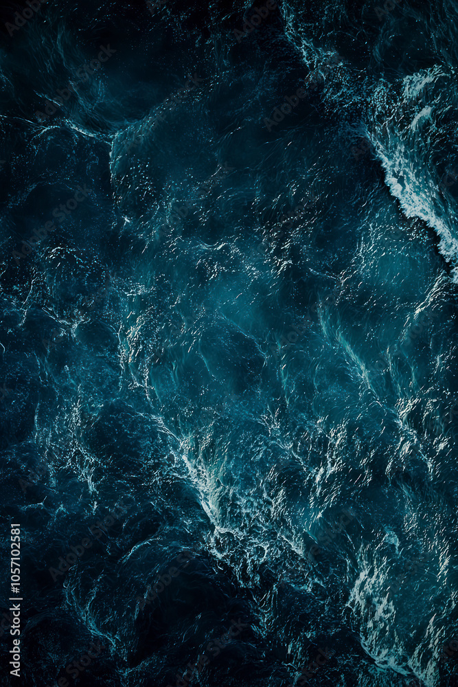 Vertical Aerial view of the dark blue ocean with textured water patterns and light reflections. Vertical Aerial view of the dark blue ocean with textured water patterns and light reflections.