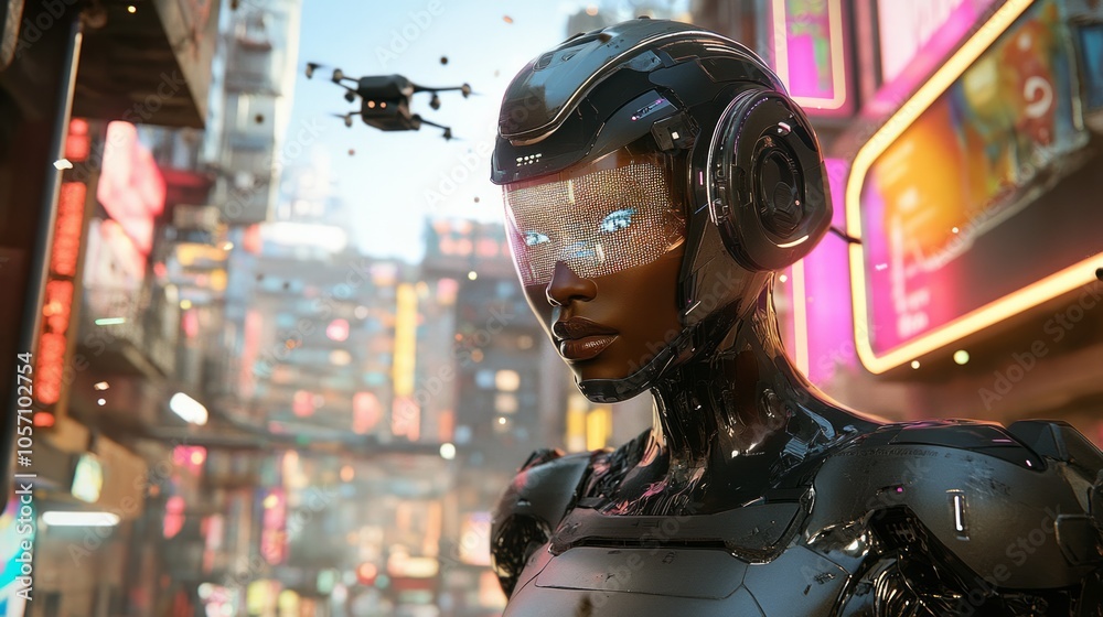 A futuristic scene of an AI robot. The sleek robot stands guard with glowing LED lights. A futuristic scene of an AI robot. The sleek robot stands guard with glowing LED lights.