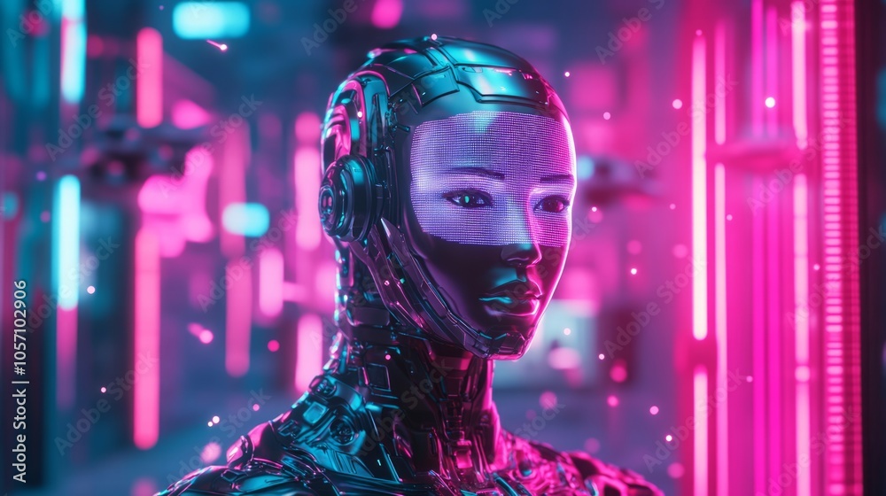 A futuristic scene of an AI robot. The sleek robot stands guard with glowing LED lights. A futuristic scene of an AI robot. The sleek robot stands guard with glowing LED lights.