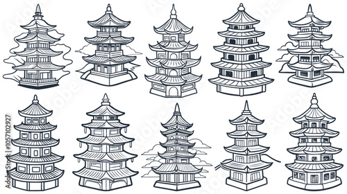 Asian culture set of elements. Collection with traditional symbols of asia. Collection of colorful asian temples with pagoda style roofs representing asian traditional architecture
