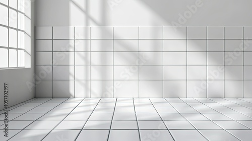 White tile wall  checkerboard pattern background  bathroom. Ceramic brick wall and mosaic tile floor background in bathroom.