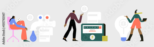 Bills illustration set. Characters calculaHousehold bills illustration set. Characters calculating electricity, warm tap water and other utility costs. Energy and utilities consumption at home concept