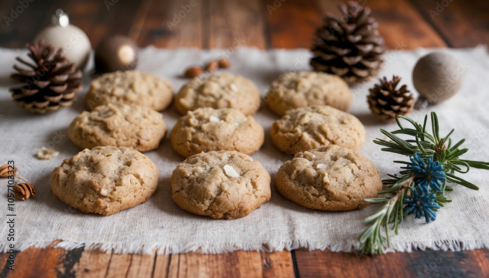 Cookies with pine cones arranged in a neat row, pine cones add a festive touch to the scene. Homemade baked goods made from environmentally friendly natural products. Cookies with pine cones arranged in a neat row, pine cones add a festive touch to the scene. Homemade baked goods made from environmentally friendly natural products.