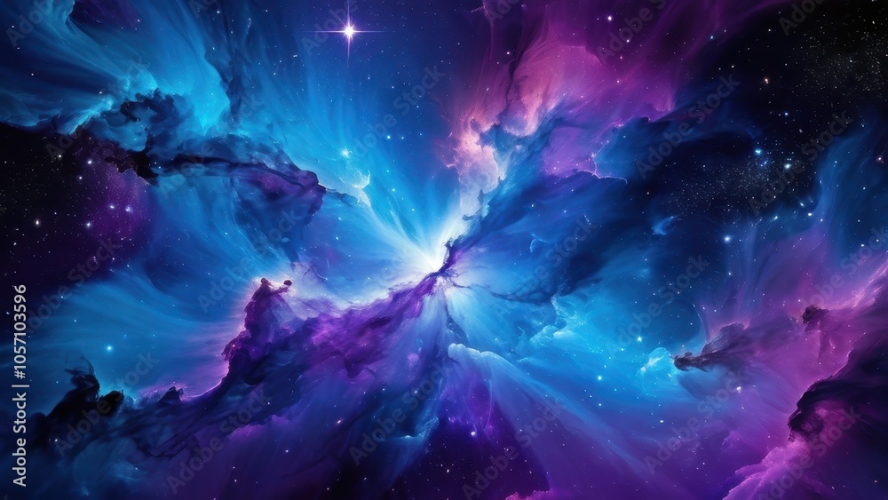 Obraz premium A stunning cosmic scene featuring vibrant swirls of purple, blue, and pink nebulae, illuminated by distant stars. Perfect for space enthusiasts and digital art lovers