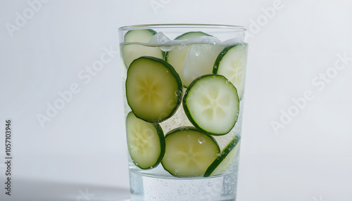 Cucumber carbonated lemonade with bubbles on a glass in 120  side view. Summer refreshing cucumber drink. Restore strength and quench thirst isolated with white shades, png photo