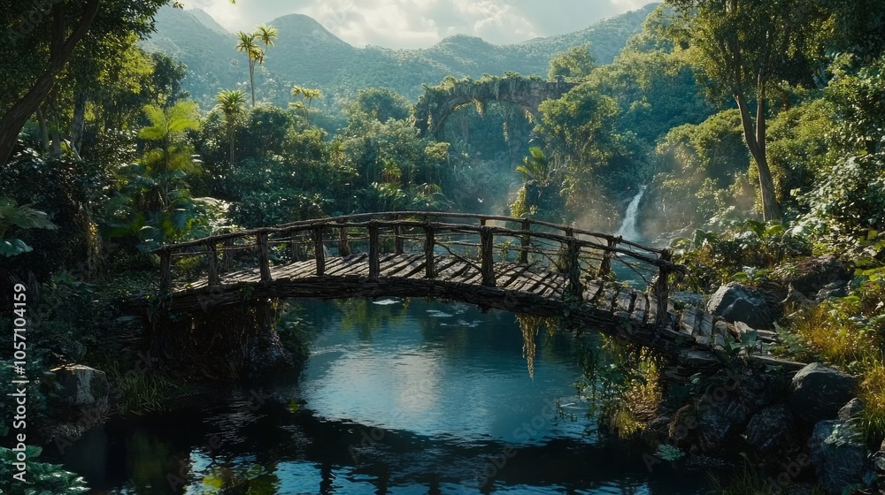 Fototapeta premium Wooden bridge with railing over a jungle lake.