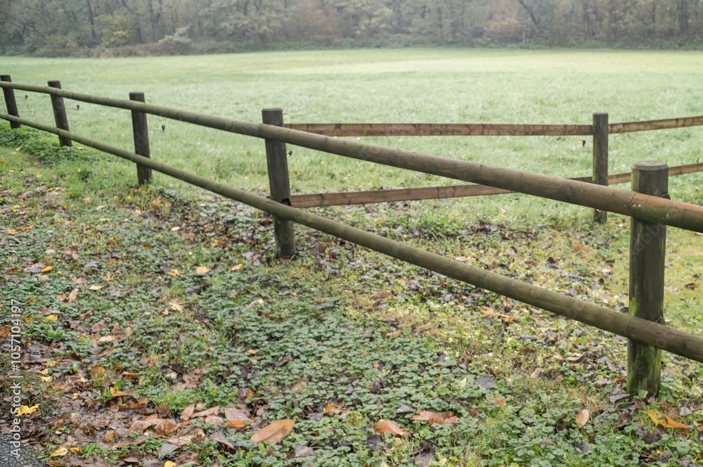 Tableau sur toile Wooden fence bordering a green field covered with morning frost in autumn