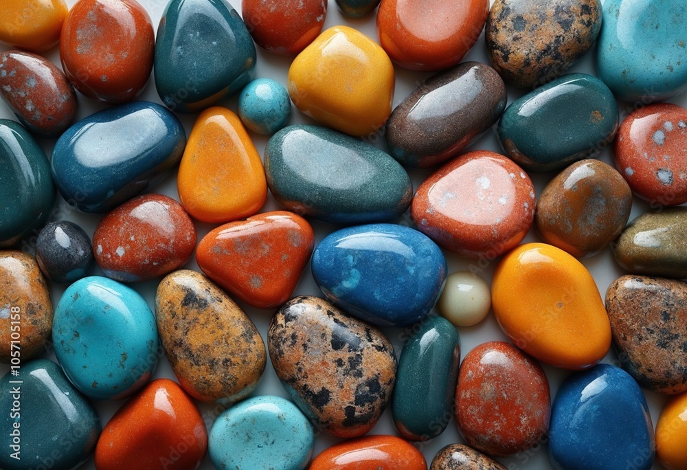 Colorful river stones arranged in an artistic pattern, showcasing natural beauty and texture
