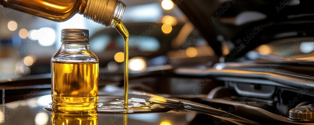 Motor oil pouring from bottle, shiny surface, car hood open in background Motor oil pouring from bottle, shiny surface, car hood open in background