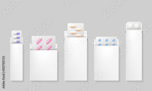 Set of different colorful pills and tablets in white package. Medical pharmacy packaging mockup template.
