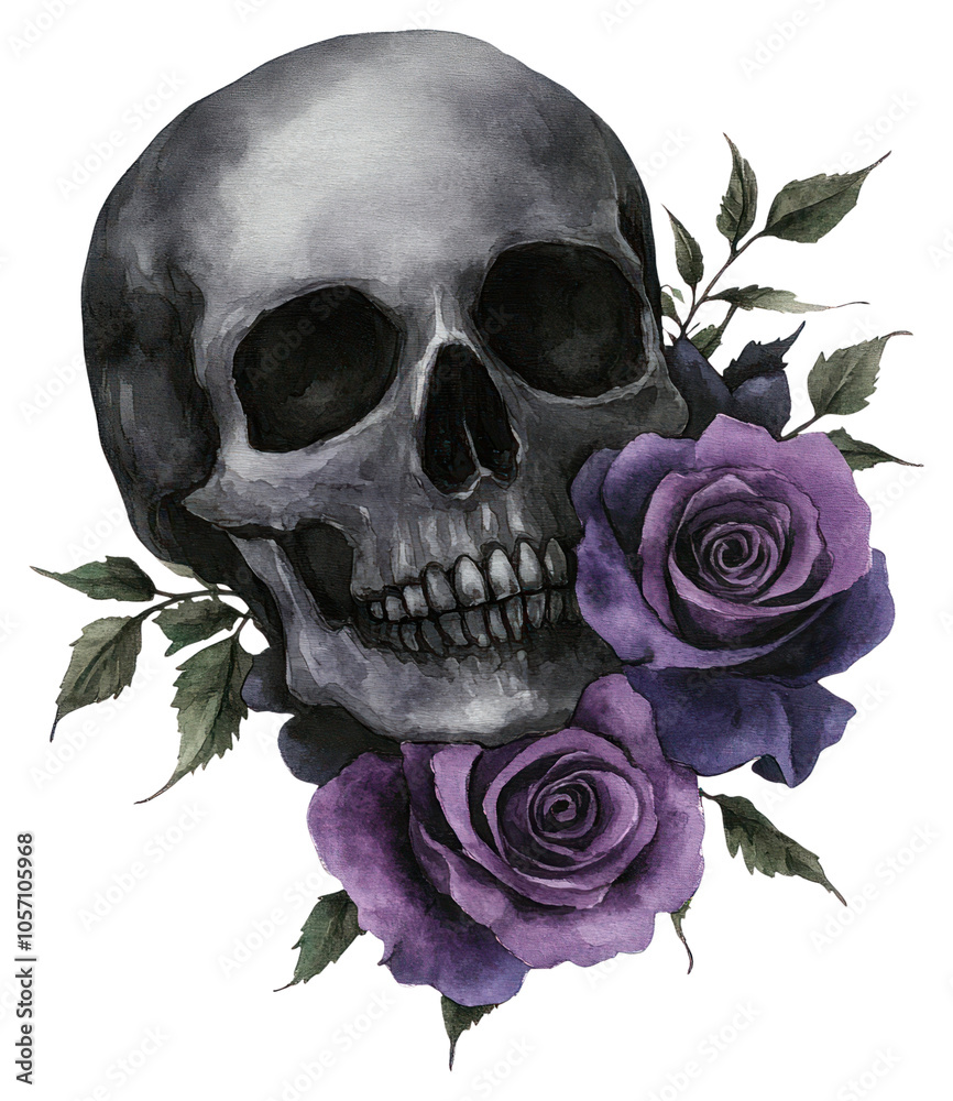 PNG Skull roses art illustration. PNG Skull roses art illustration.