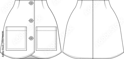 with pockets tailored darted buttoned mini short denim jean a line skirt  template technical drawing flat sketch cad mockup fashion woman design style model 
