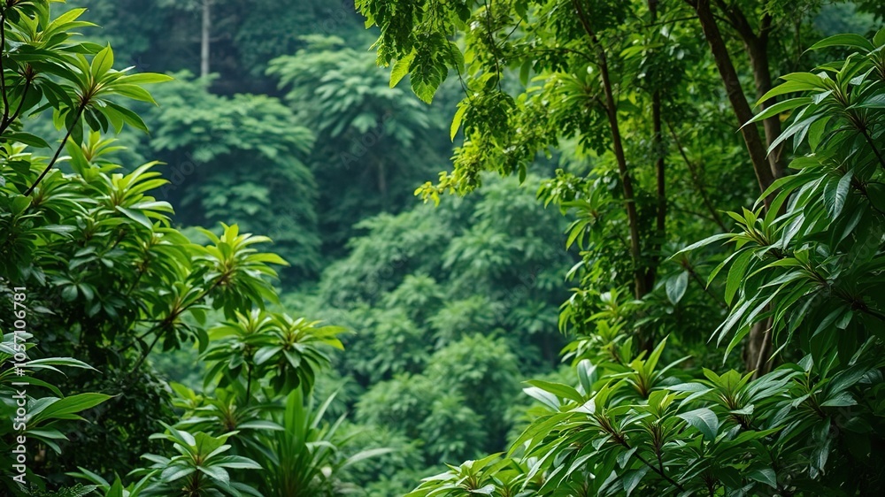 Lush green foliage of a tropical rainforest background with vibrant flora and fauna, biodiversity, texture Lush green foliage of a tropical rainforest background with vibrant flora and fauna, biodiversity, texture