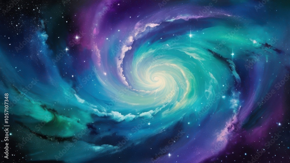 Obraz premium An ethereal cosmic swirl, blending vibrant hues of green, purple, and blue. Perfect for projects related to space, astronomy, or the mystical