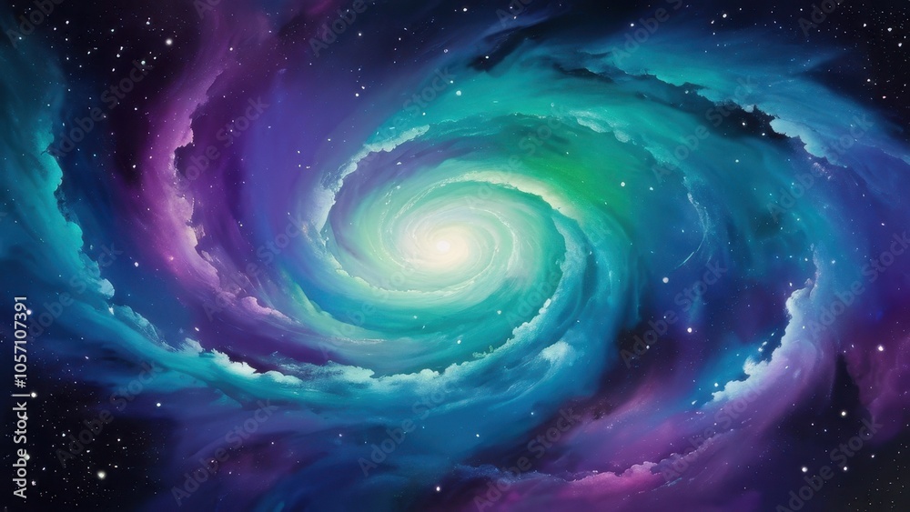 Obraz premium An ethereal cosmic swirl, blending vibrant hues of green, purple, and blue. Perfect for projects related to space, astronomy, or the mystical