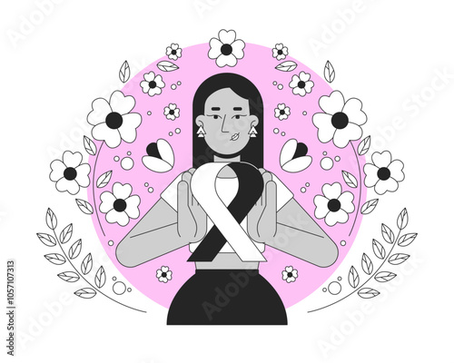 Middle eastern feminist movement of pink ribbon black and white 2D illustration concept. Breast cancer solidarity. Turkish woman femininity outline character isolated. Metaphor monochrome vector art