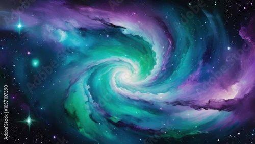 An ethereal cosmic swirl, blending vibrant hues of green, purple, and blue. Perfect for projects related to space, astronomy, or the mystical