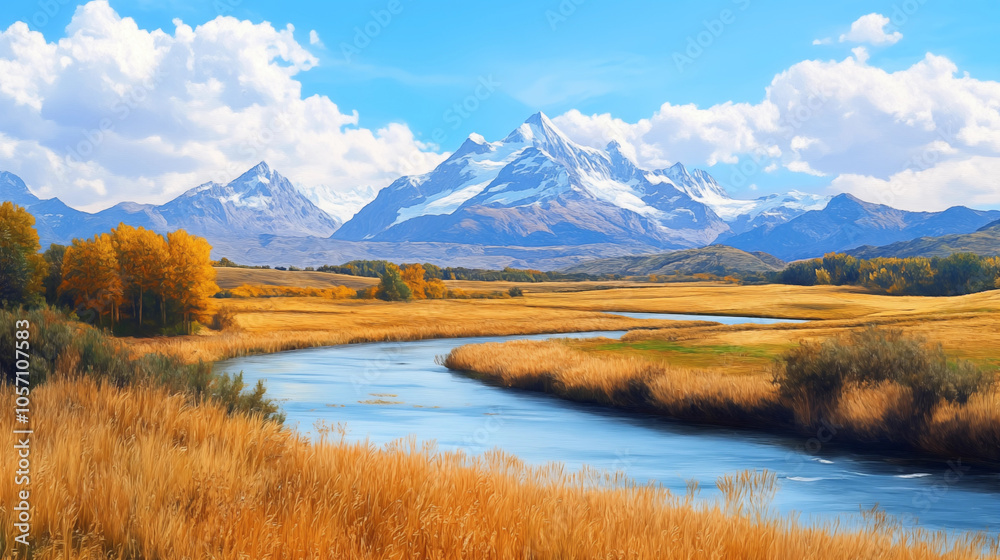 Beautiful autumn mountains, golden wheat fields and streams landscape oil painting
Beautiful autumn mountains, golden wheat fields and streams landscape oil painting