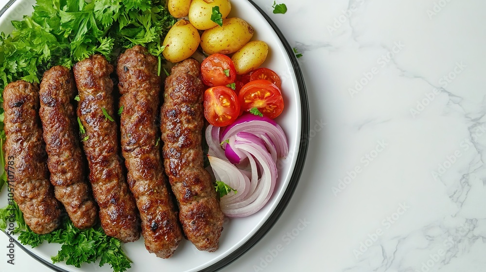 kofta kebab meat kabab with tomatoes, onions potatoes and coriander served in a dish isolated on the table kofta kebab meat kabab with tomatoes, onions potatoes and coriander served in a dish isolated on the table