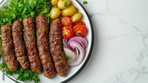 kofta kebab meat kabab with tomatoes, onions potatoes and coriander served in a dish isolated on the table