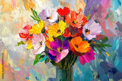 A vibrant and colorful bouquet of tulips, with thick brushstrokes