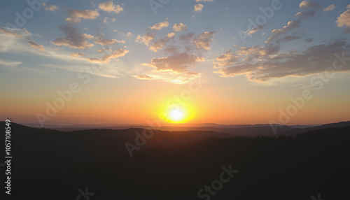 Aerial drone footage capturing a beautiful sunset over expansive forested hills isolated with white shades, png