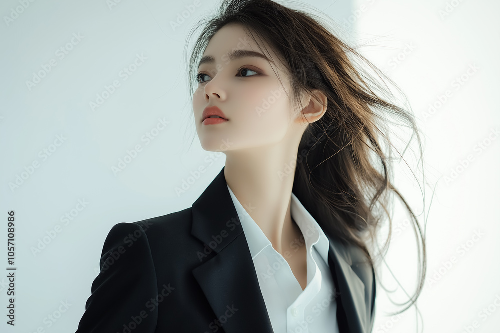 Striking Fashion Portrait of Elegant and Confident Young Woman in Minimalist Studio Setting Striking Fashion Portrait of Elegant and Confident Young Woman in Minimalist Studio Setting
