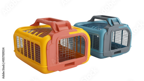 Two colorful cages, different sizes and vibrant hues for pet comfort security. perfect for birds, hamsters, or small animals photo