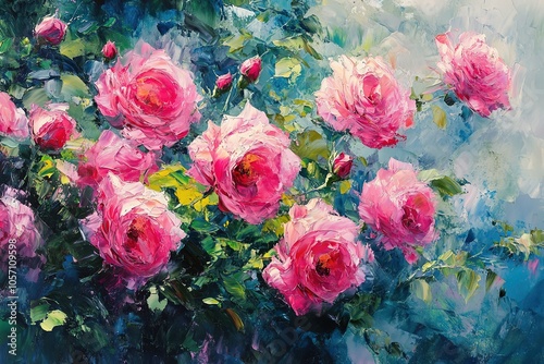 Wallpaper Mural An oil painting of pink roses, roses in the garden, roses in bloom, roses with green leaves and a blue sky background Torontodigital.ca