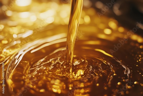 Stream of golden motor oil pouring in slow-motion, smooth and continuous, crisp detail