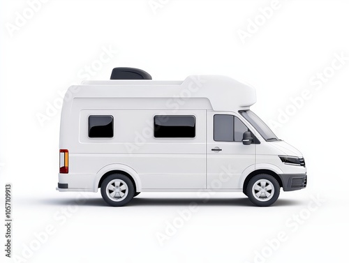 A side view of a white camper van designed for travel and leisure activities.