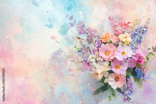 A vibrant bouquet of flowers, in pastel colors, painted with thick brush strokes and dripping paint.