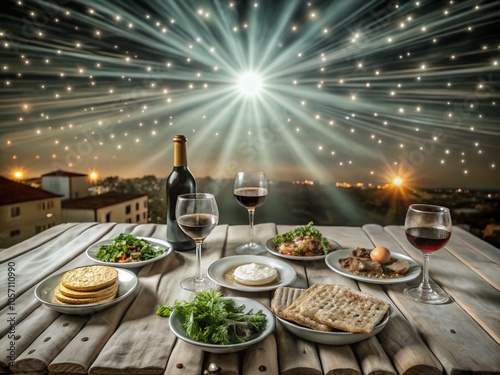 Long Exposure Illustration for Passover Celebrations: Seder Table with Symbolic Foods and Night Sky photo