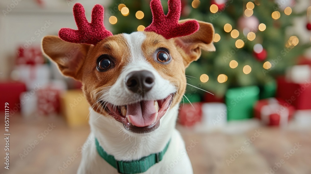 Cheerful dog wearing reindeer antlers in front of a festive Christmas tree, AI Cheerful dog wearing reindeer antlers in front of a festive Christmas tree, AI