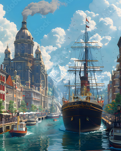 a ship is sailing in a canal with a building in the background. Generative AI