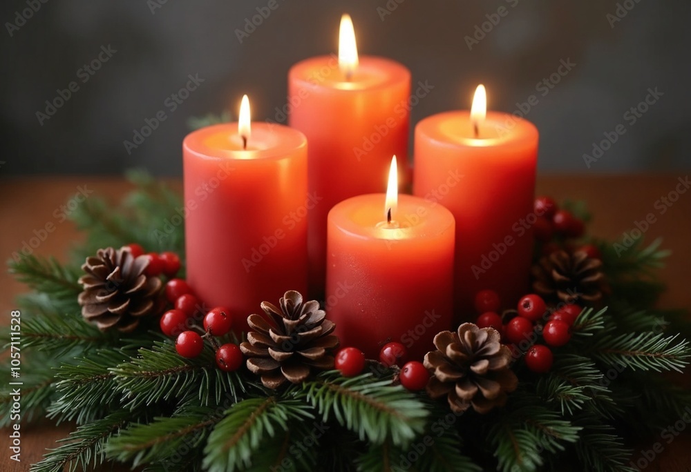 Four lit candles surrounded by pine cones and berries in a festive holiday wreath Four lit candles surrounded by pine cones and berries in a festive holiday wreath