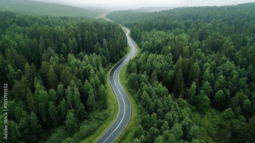 Aerial view of a winding road cutting through a dense green forest under a misty sky Aerial view of a winding road cutting through a dense green forest under a misty sky