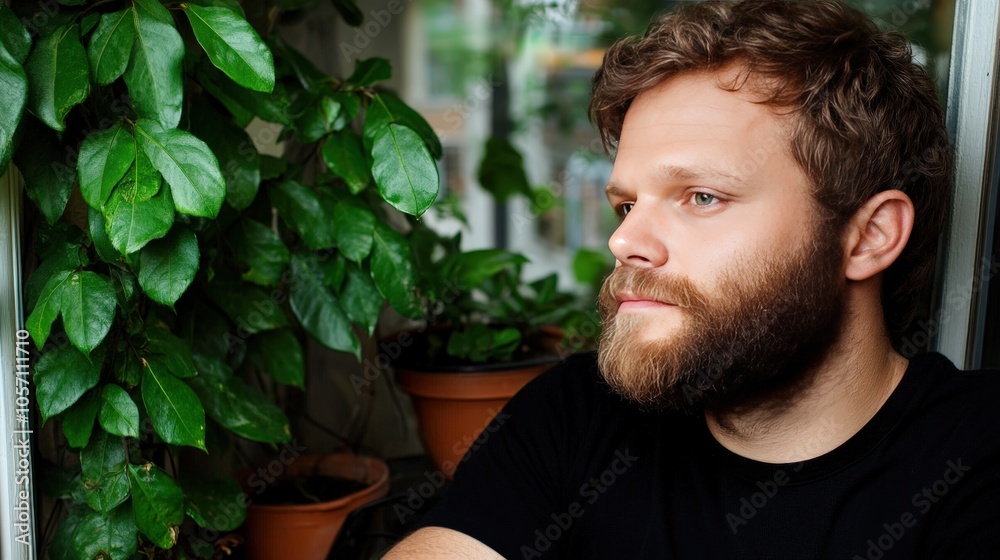 Thoughtful Man with Beard Looking Away Near Window with Plants Thoughtful Man with Beard Looking Away Near Window with Plants