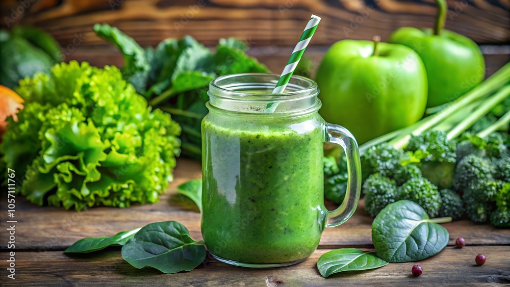 Green Smoothie with Broccoli and Avocado on Wooden Table Green Smoothie with Broccoli and Avocado on Wooden Table