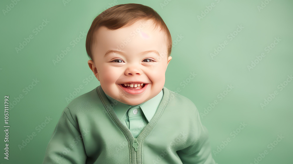 Portrait of smiling laughing boy child with Down syndrome green background.