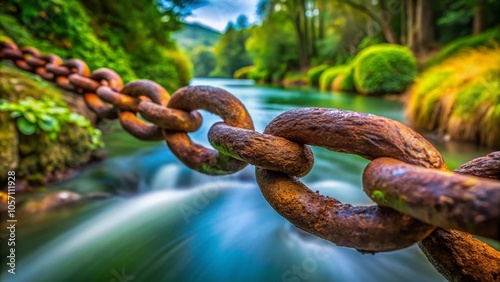 Long Exposure of Rusty Chain Link Symbolizing Endurance and Continuous Bonds in Nature's Embrace