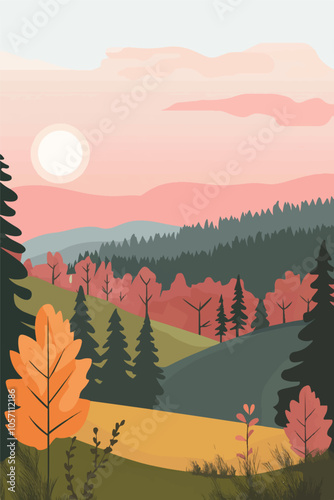 A picturesque autumn landscape showcasing rolling hills adorned with colorful fall foliage. The soft pastel sky features a warm sun setting, casting a gentle glow over the tranquil scene