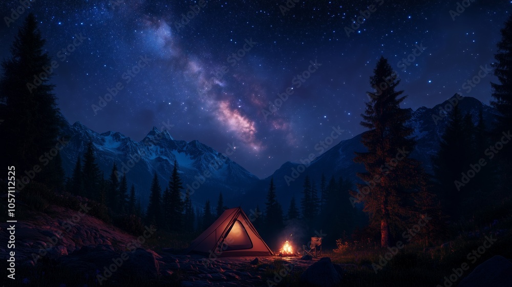 A cozy tent glows under the Milky Way, with a campfire and fairy lights enhancing the serene night.