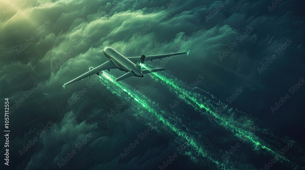 Naklejka premium Futuristic Jet in Flight with Green Trails Behind, Symbolizing the Use of Renewable Fuel for a Cleaner, Sustainable Air Travel Future and Innovations in Aviation Technology