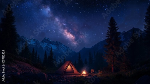 Obraz na płótnie A cozy tent glows under the Milky Way, with a campfire and fairy lights enhancing the serene night. w salonie